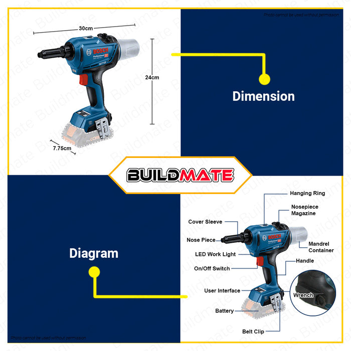 BUILDMATE Bosch Cordless Rivet Gun 18V Riveting Rivet Riveter Tool Brushless Fastener Gun Handheld Riveting Tool Automotive Riveter Cordless Rivet Nut Guns Drill GRG18V-16C 06019K5080 • BLC