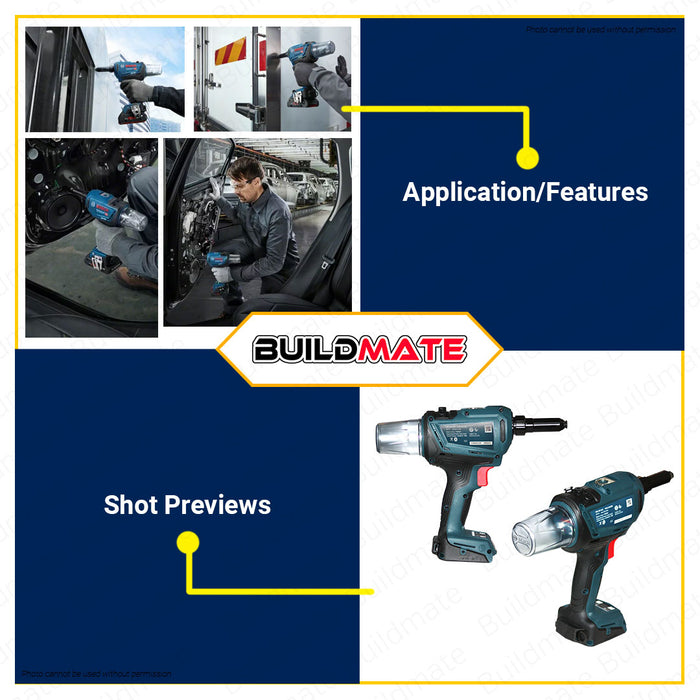 BUILDMATE Bosch Cordless Rivet Gun 18V Riveting Rivet Riveter Tool Brushless Fastener Gun Handheld Riveting Tool Automotive Riveter Cordless Rivet Nut Guns Drill GRG18V-16C 06019K5080 • BLC