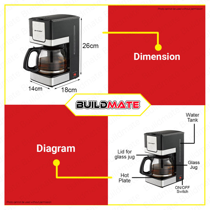 HANABISHI Coffee Maker Machine 4 to 6 cups capacity Non-Stick Heating Plate HCM-15XB •BUILDMATE•