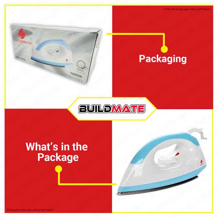 BUILDMATE Micromatic Flat Iron 1000W Electric Non Stick Soleplate Handheld Clothes Laundry Dry Iron Wrinkle Remover MAI-1001D
