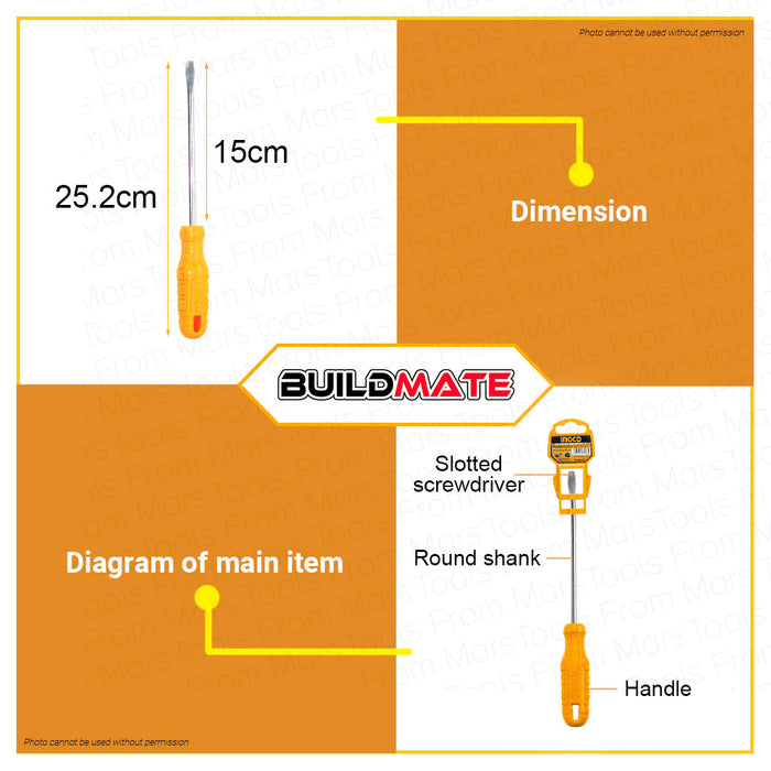 BUILDMATE Ingco 150mm Slotted Flat Screwdriver Round Shank Cr-V HS586150 IHT