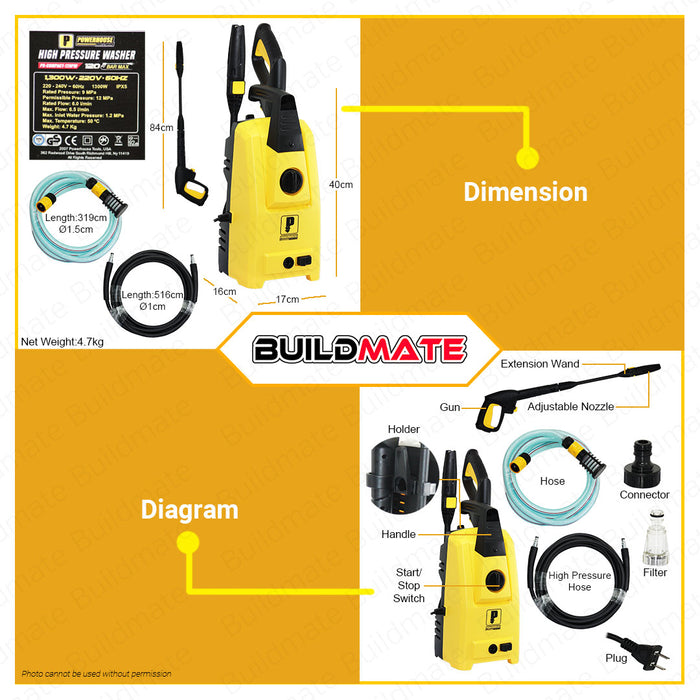 POWERHOUSE USA High Power Pressure Washer Mini 1300W 120-Bar COMPACT SERIES PH-COMPACT-120PW •BUILDMATE•