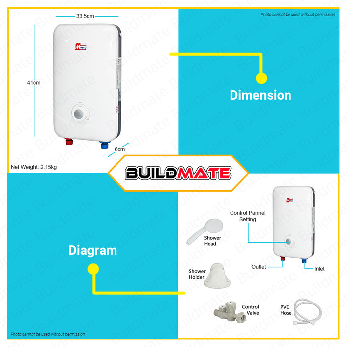 MECO TAIWAN Tankless Electric Water Heater Shower Set 220V 4.5kW 60Hz 25A 3PSI WH-45E •BUILDMATE•