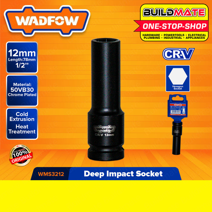 WADFOW 1/2" Inch Deep Impact Socket 10MM to 27MM [SOLD PER PIECE] Impact Socket Wrench Cold Extrusion Drive Impact Sockets Deep Sockets Black Cr-V Steel Metric Deep Impact Wrench Socket Hand Tool •BUILDMATE• WHT