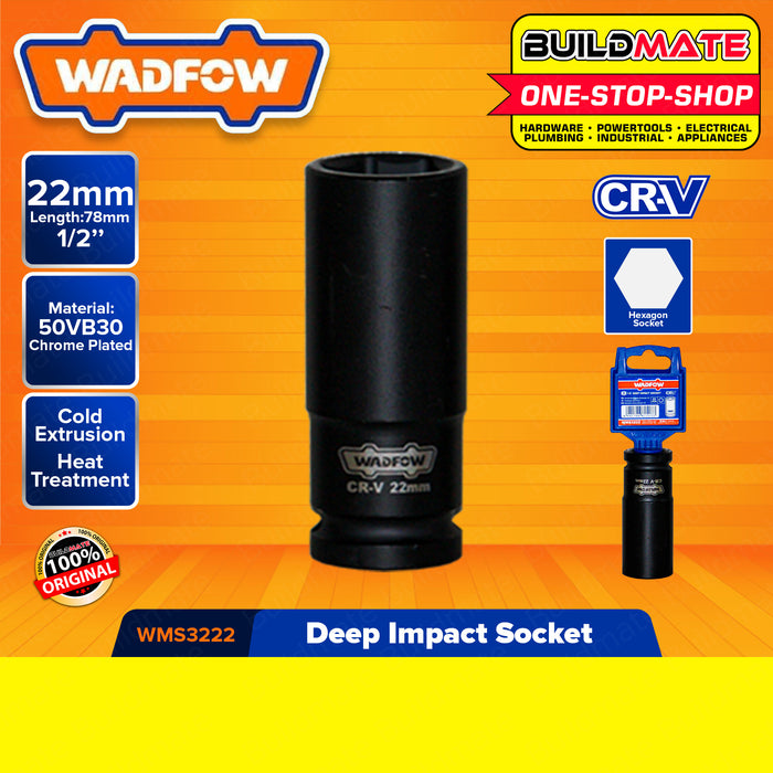 WADFOW 1/2" Inch Deep Impact Socket 10MM to 27MM [SOLD PER PIECE] Impact Socket Wrench Cold Extrusion Drive Impact Sockets Deep Sockets Black Cr-V Steel Metric Deep Impact Wrench Socket Hand Tool •BUILDMATE• WHT