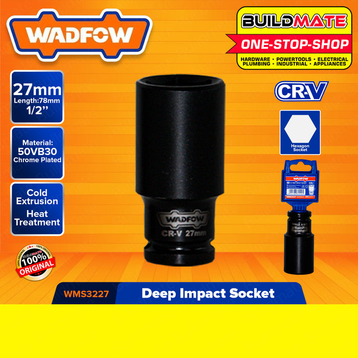 WADFOW 1/2" Inch Deep Impact Socket 10MM to 27MM [SOLD PER PIECE] Impact Socket Wrench Cold Extrusion Drive Impact Sockets Deep Sockets Black Cr-V Steel Metric Deep Impact Wrench Socket Hand Tool •BUILDMATE• WHT