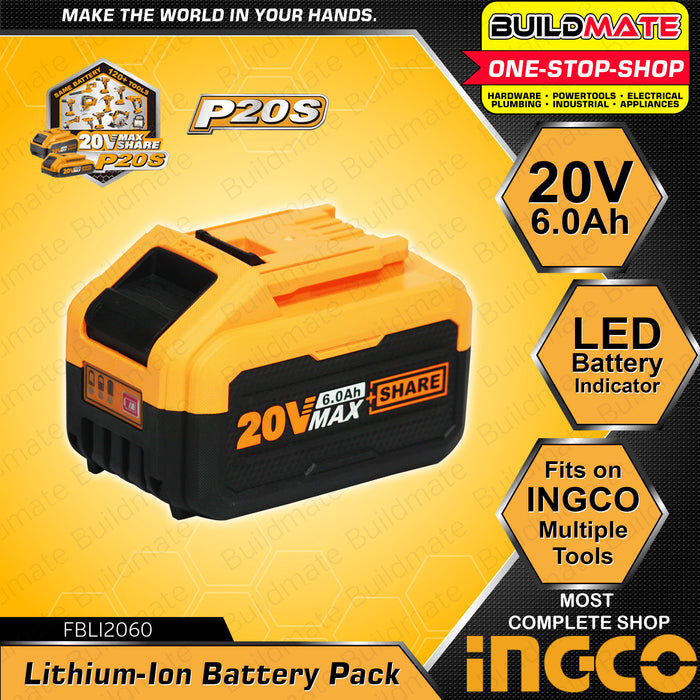 INGCO Lithium-Ion Li-Ion Battery Pack 20V 4.0Ah | 6.0Ah | 7.5Ah [SOLD PER PIECE] Compact Battery LED Battery Power Indicator Fast Intelligent Charger Power Tool Battery POWERSHARE FBLI2002 | | FBLI2060 | FBLI2075 •BUILDMATE• ICPT