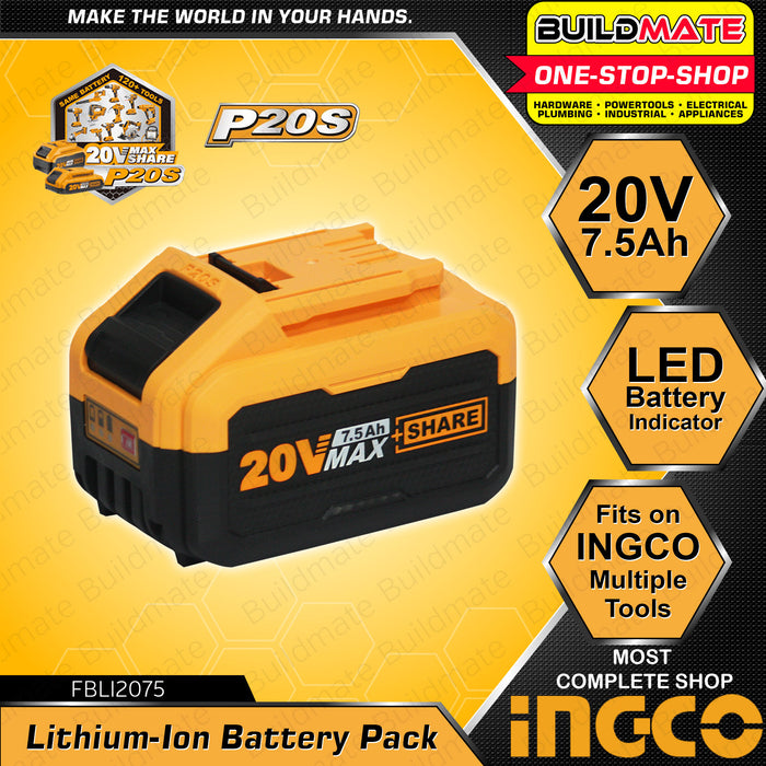 INGCO Lithium-Ion Li-Ion Battery Pack 20V 4.0Ah | 6.0Ah | 7.5Ah [SOLD PER PIECE] Compact Battery LED Battery Power Indicator Fast Intelligent Charger Power Tool Battery POWERSHARE FBLI2002 | | FBLI2060 | FBLI2075 •BUILDMATE• ICPT