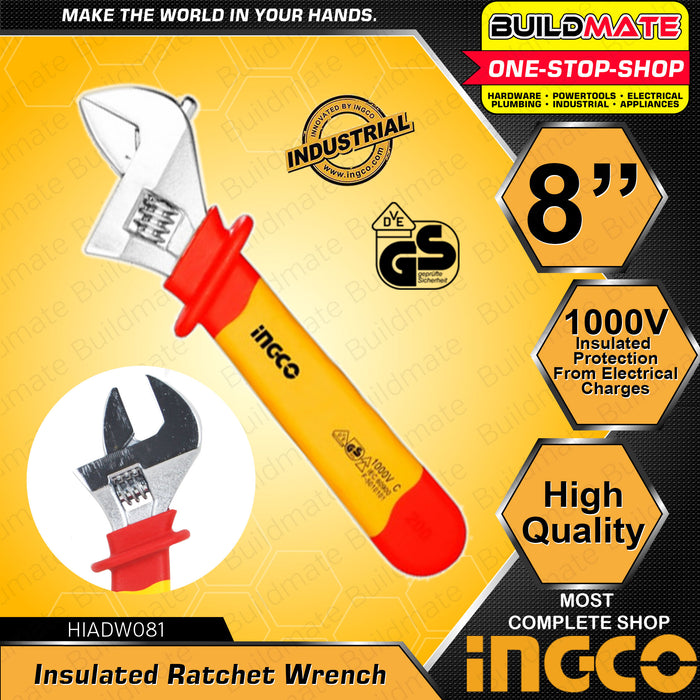 INGCO 8" Insulated Ratchet Wrench Protection Adjustable Electrician Wrench 1000V Industrial VDE Certification HIADW081 •BUILDMATE• IHT