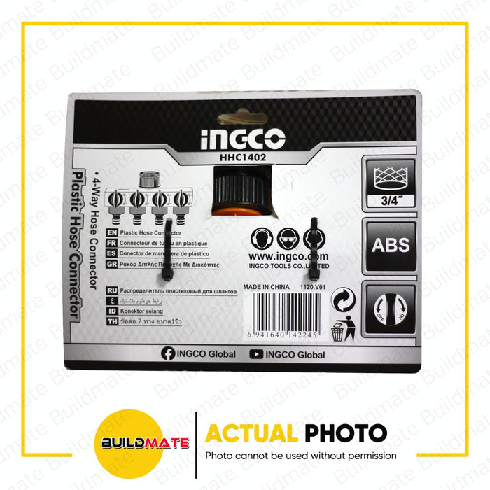 INGCO 4-Way Plastic Garden Hose Connector with Shut-off and Swivel Nut 1"-3/4" Reducer HHC1402 •BUILDMATE• IHT