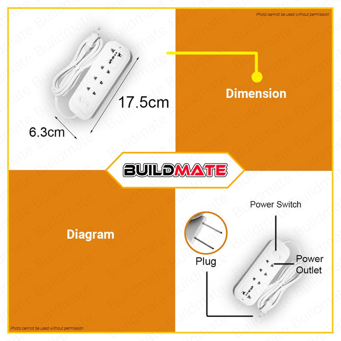 BUILDMATE Omni Extension Cord Set with Universal Outlet & Switch 10A 250V Heavy Duty Power Strip WER-103-PK