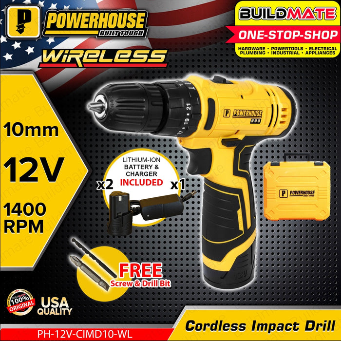 POWERHOUSE Cordless Impact Drill 12V 10mm Drill Chuck 1.5 Ah Li-Ion PH-12V-CIMD10-WL •BUILDMATE PHPT