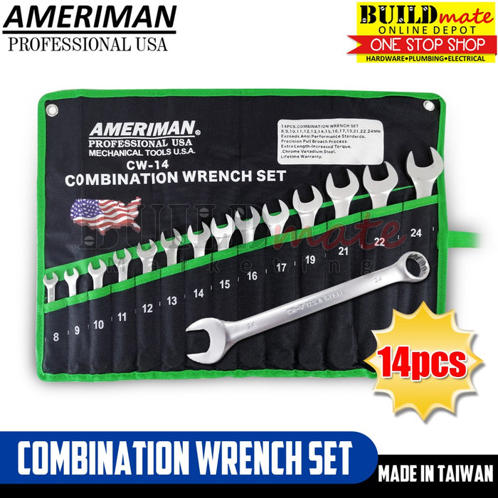 AMERIMAN CRV Combination Wrench 14PCS/SET 8-24mm CW-14 Made in Taiwan •BUILDMATE•