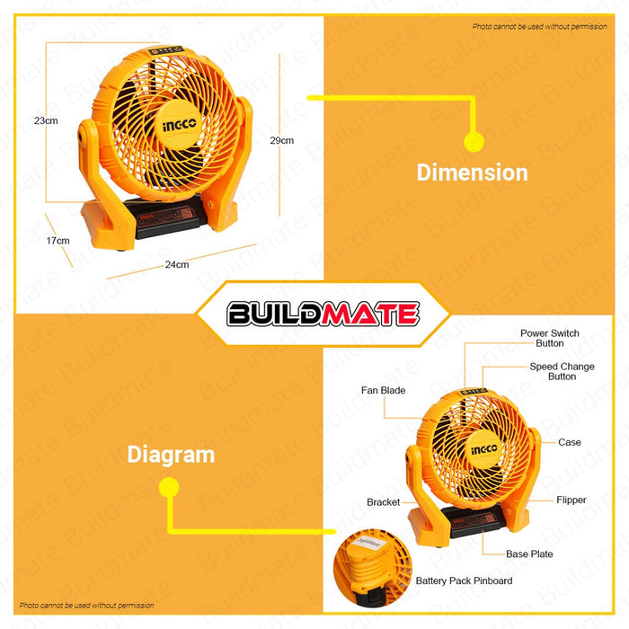 INGCO Cordless Lithium-Ion Fan 12V With 3 Speed 7" Inches Head Rotation CFALI1207 •BUILDMATE• ICPT