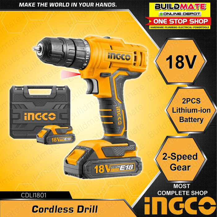 FREE GIFT! INGCO Cordless Drill Lithium Ion 18V CDLI1801 +FREE HKTH10258 TOOL SET •BUILDMATE•