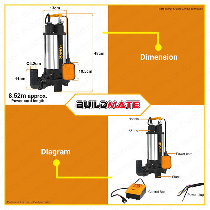 INGCO Submersible Pump 1500W (2.0HP) With FREE Control Box Transfer Pump SPDB15008-5 •BUILDMATE• IIT