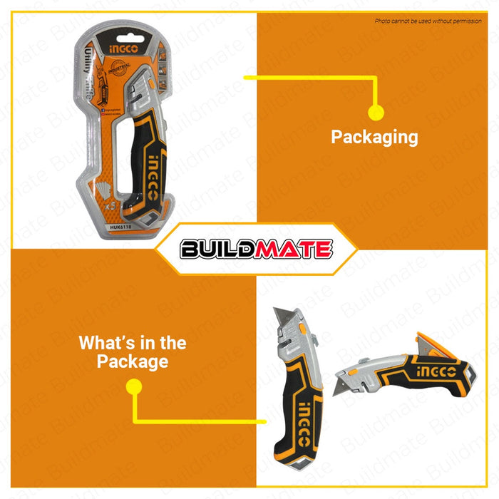 INGCO Original Utility Knife with 5 PCS Cutter Blade SK5 19mm x 61mm HUK6118 Tool •BUILDMATE• HT2