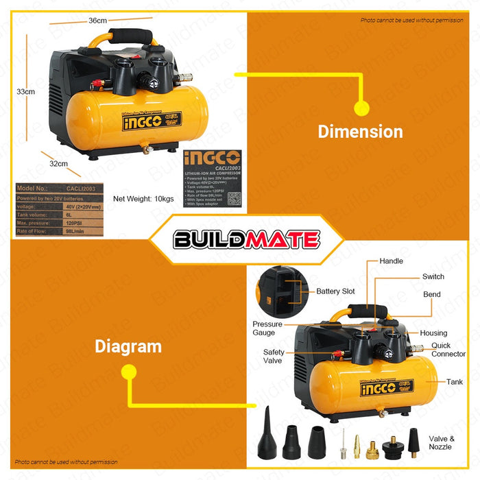 INGCO Lithium-Ion Cordless Air Compressor 40V 6L Power Share CACLI2003 •BUILDMATE• IPT