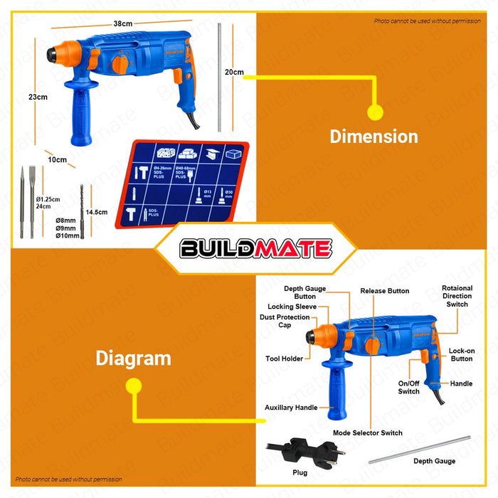 WADFOW Rotary Hammer 800W SDS Chuck With 3x Drill 2x Chisel With CASE Tool Box WRH1D26 BUILDMATE WPT