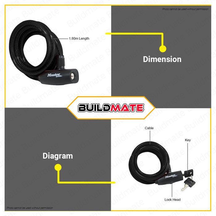BUILDMATE Master Lock Bicycle Lock with Cable Black / Gray / Blue / Red 1.8mx8mm Anti-Theft Keyed Bike Security Cable Lock SOLD PER PIECE