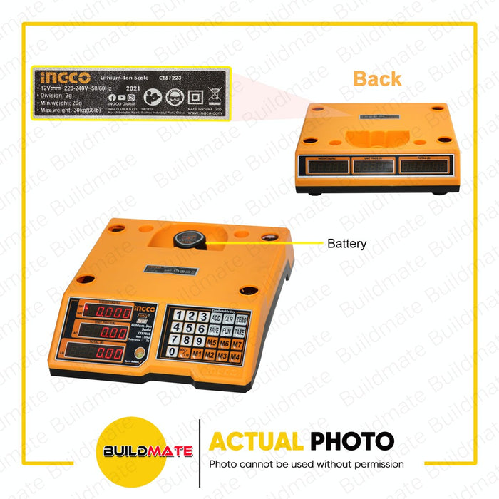 INGCO 12V Lithium-Ion Rechargeable Wireless Scale 30Kkg SUPER SELECT 12V CES1223 •BUILDMATE• IPT