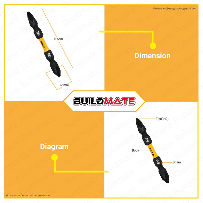 INGCO 10 PCS Impact Screwdriver Bit Screw Ph2 + Ph2 65mm Set SDBIM21PH233 AUTHENTIC •BUILDMATE• HT2