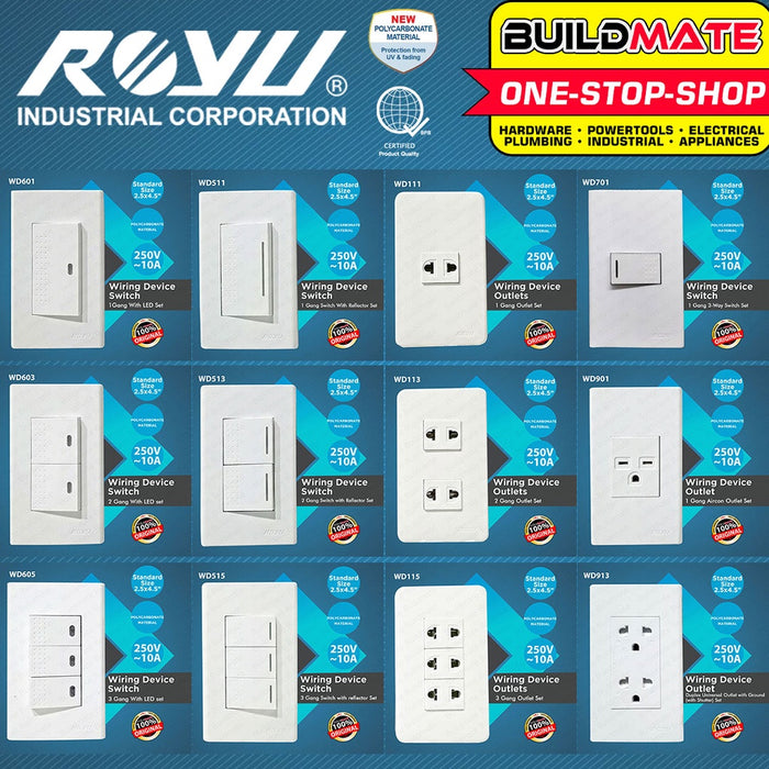 ROYU Wide Series Plate 1 2 3 Gang Universal Outlet Switch LED Reflector Ground & Shutter •BUILDMATE•