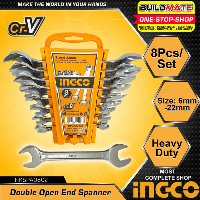 INGCO 8PCS Double Open End Spanner Wrench Set 6mm-22mm Cr-V IHKSPA0802 •BUILDMATE• IHT2