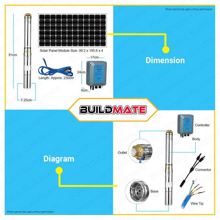 DAYUAN SOLAR SET Deep Well Pump Solar 3TWJ1-44/12-500W/36V with 2 Pcs 30V Solar Panel Module •BUILDMATE• DBS