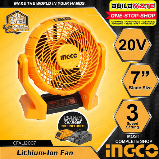INGCO Cordless Lithium-Ion Fan 20V With 3 Speed 7" Inches Head Rotation CFALI2007 •BUILDMATE• ICPT