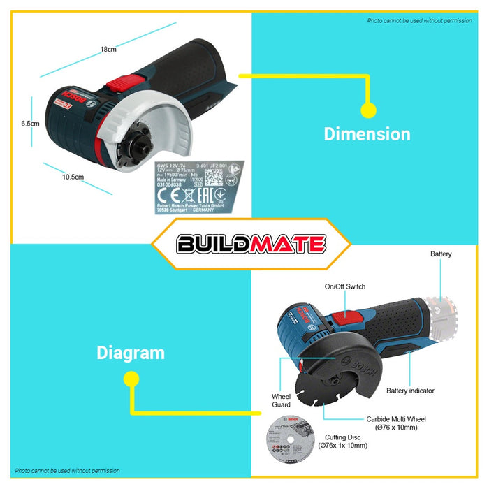 BOSCH Professional Cordless Lithium Ion Angle Grinder GWS 12V-76 Solo 06019F2000 •BUILDMATE• BLC