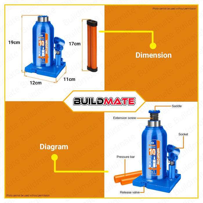 WADFOW 10 TONS Hydraulic Bottle Jack Welded Bottle Jack 10 Ton Easy Lifting WHJ1510 •BUILDMATE• WHT
