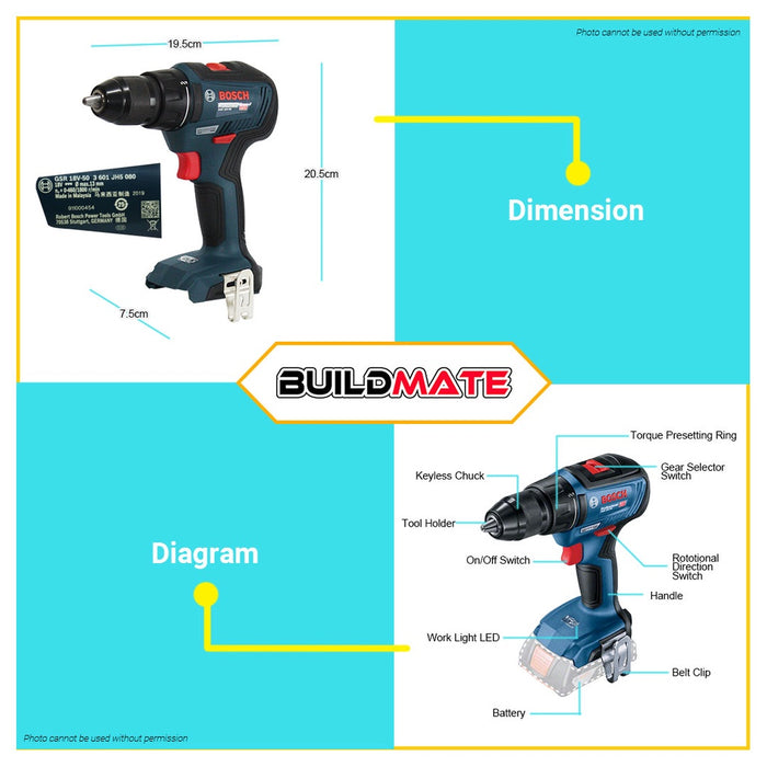 BOSCH Professional Lithium Ion Li-Ion Cordless Drill Driver GSR 18V-50 06019H5082 •BUILDMATE• BLC