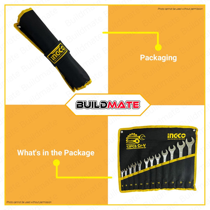 INGCO 12 PCS 6-24mm Combination Spanner Set Wrench Cr-V Heat Treated IHKSPA62401 •BUILDMATE• IHT2