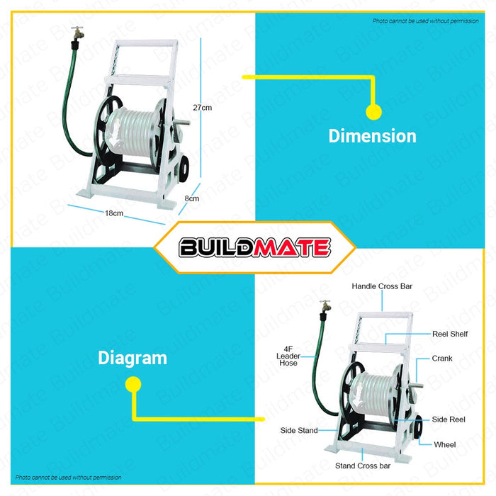 MECO Outdoor Garden Hose Reel Cart Set with Wheels Trolley Shelf 27" #HR340 AUTHENTIC •BUILDMATE•