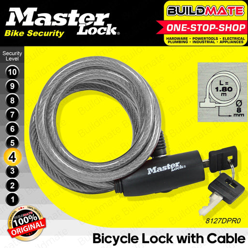 BUILDMATE Master Lock Bicycle Lock with Cable Black / Gray / Blue / Red 1.8mx8mm Anti-Theft Keyed Bike Security Cable Lock SOLD PER PIECE