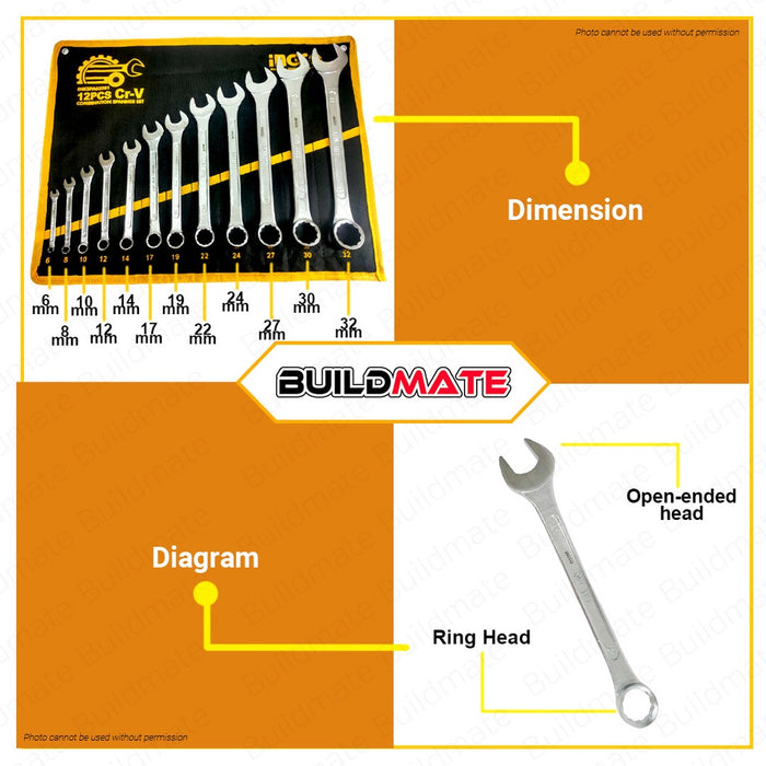 BUILDMATE Ingco 12PCS Combination Spanner Wrench Set 6-32mm Cr-V IHKSPA63201 - IHT