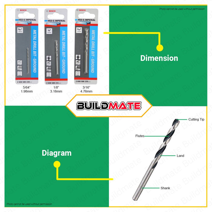 BOSCH Metal Twist Drill Bit - Ground HSS-G 5/64" - 1/2" Inch for Rotary Drills & Drivers Solid Drilling •BUILDMATE• BAX