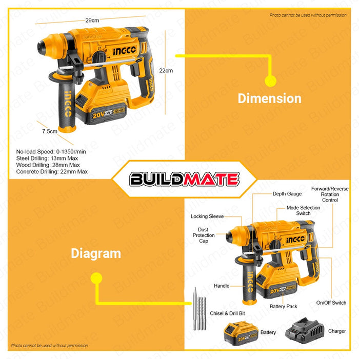 [SET] INGCO Li-Ion Cordless Brushless Rotary Hammer 20V BL Motor FREE Drill Chisel CRHLI22012 ICPT