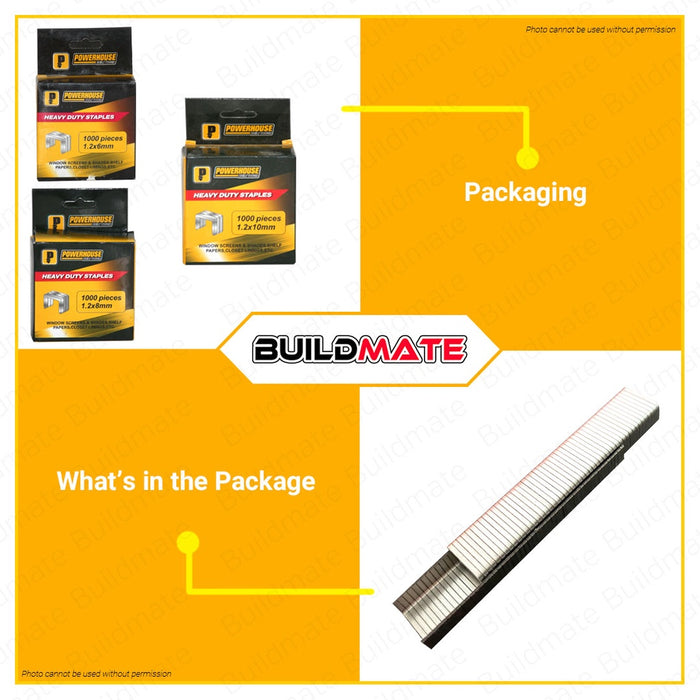 POWERHOUSE HEAVY DUTY STAPLE WIRE 1000PCS 1.2X6MM | 1.2X8MM | 1.2X10MM SOLD PER PACK •BUILDMATE•