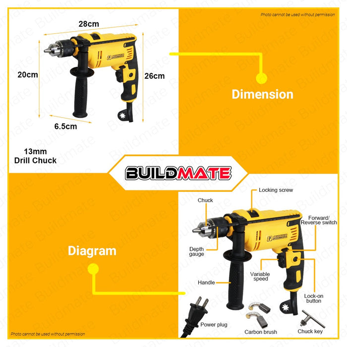 BUILDMATE Powerhouse Impact Drill Driver 900W 13mm with Carrying Case PHB-IMPACT-900MAX - PHPT