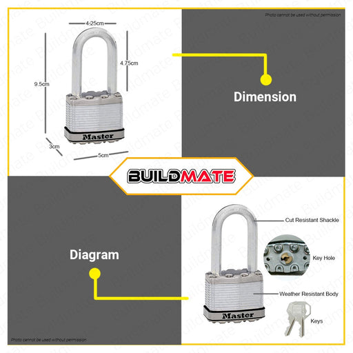 BUILDMATE Master Lock Excell Stainless Steel Long Shackle Padlock 50mm Anti-Theft Laminated Steel Keyed Security Pad Lock M5EURDLF