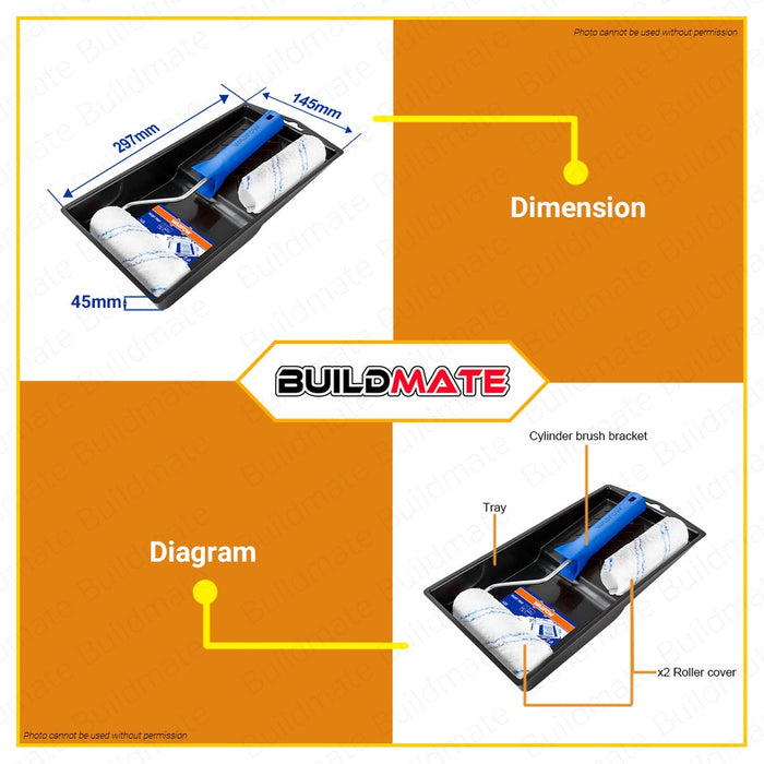 WADFOW Cylinder Brush 4in1 SET Paint Roller Brush Inner Wall Paint Tray Set WCB3H34 •BUILDMATE• WHT