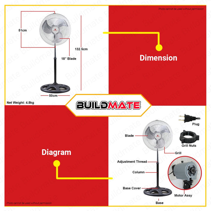 HANABISHI Industrial Stand Fan 18" Silver Coated HISF-180C •BUILDMATE•