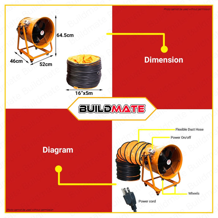 COMPACT 16" Portable Axial Fan Industrial Air Blower Ventilator CPV-1100 (WITH 5M Hose) •BUILDMATE•