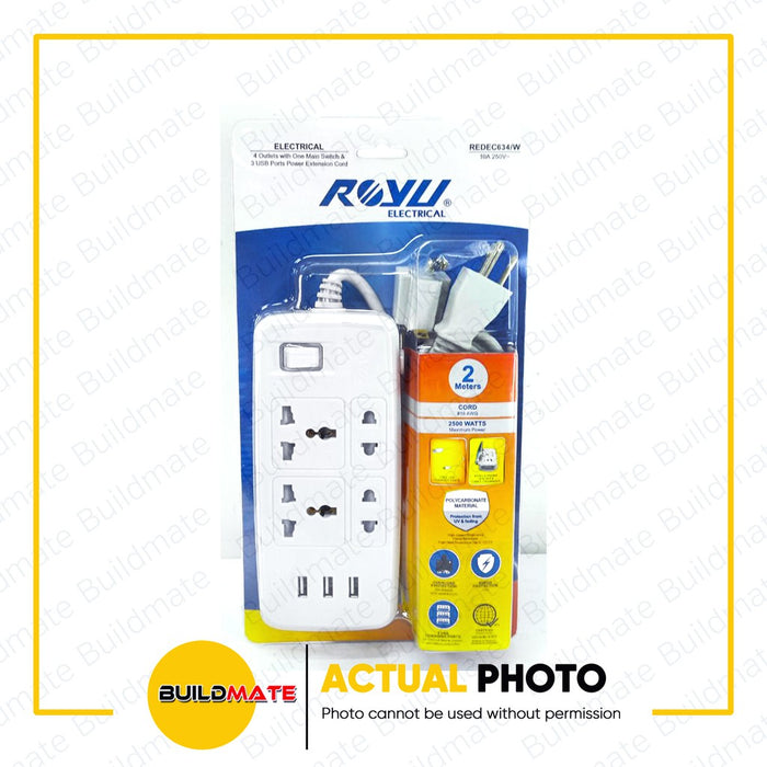 ROYU 4 GANG Extension Cord with 3 USB Ports & Main Switch Power Strip  •BUILDMATE•