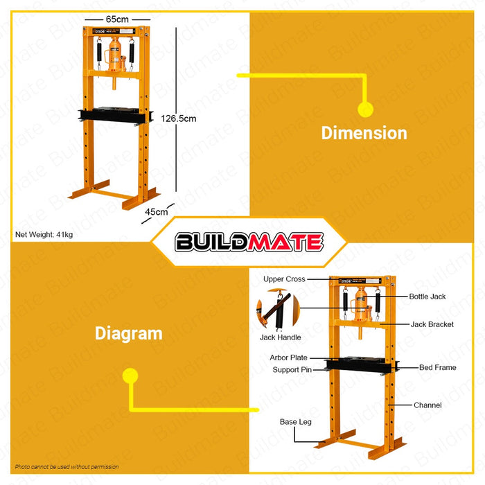 HOTECHE Hydraulic Shop Press 12T 610mm HTC-655002 •BUILDMATE•