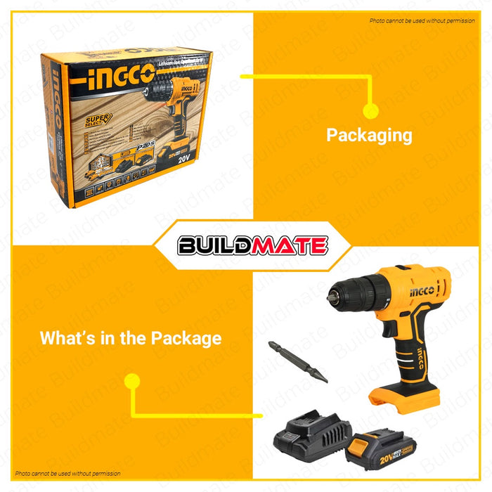 INGCO Lithium-Ion Cordless Drill 20V Super Select with Battery and Charger CDLI20011 + FREE IPT