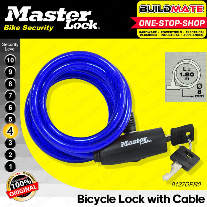 BUILDMATE Master Lock Bicycle Lock with Cable Black / Gray / Blue / Red 1.8mx8mm Anti-Theft Keyed Bike Security Cable Lock SOLD PER PIECE