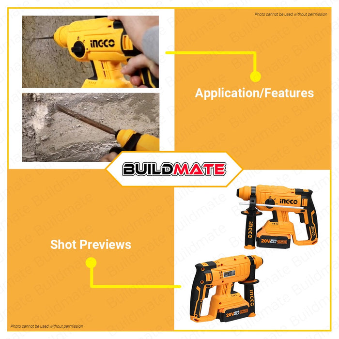 [SET] INGCO Li-Ion Cordless Brushless Rotary Hammer 20V BL Motor FREE Drill Chisel CRHLI22012 ICPT